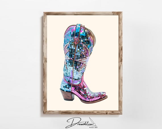 Blue Pink Cowgirl Boot Wall Art Disco Cowgirl Cute Dorm Artwork Trendy Dorm Preppy Decor Pink Teen Girl Room Art
