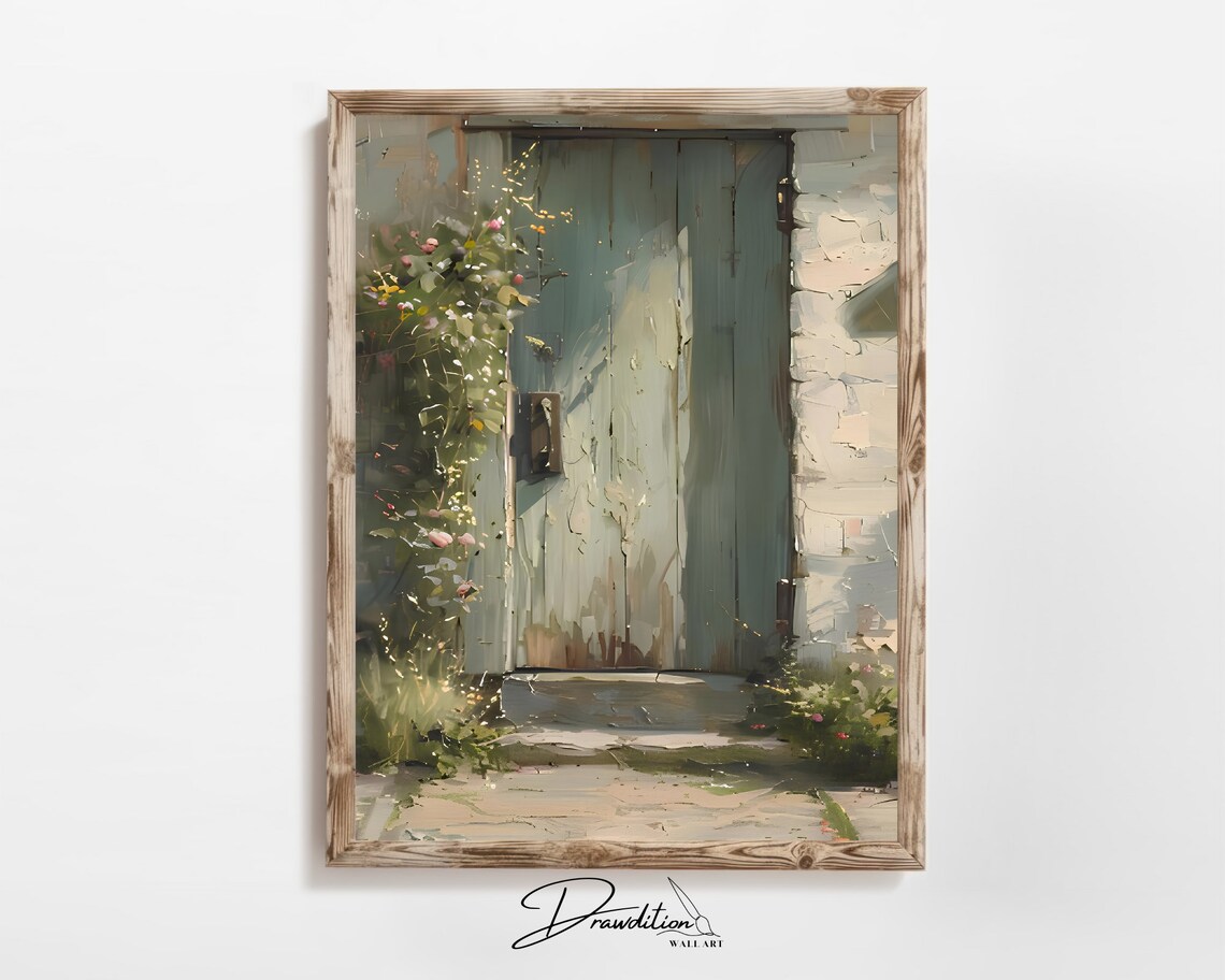 Green Cottage Door Art Print, Farmhouse Style