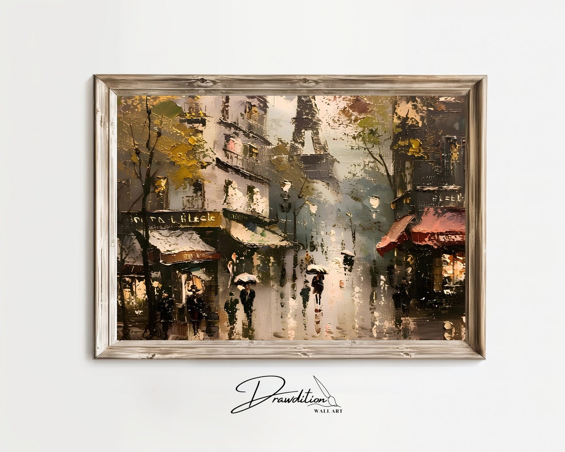 Paris Eiffel Tower Rainy Autumn Street Cafe Impressionist Art Poster