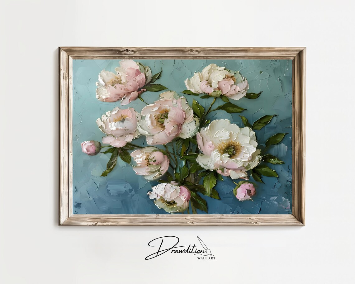 Blush Pink Peonies Teal Background Impasto Floral Oil Art Print