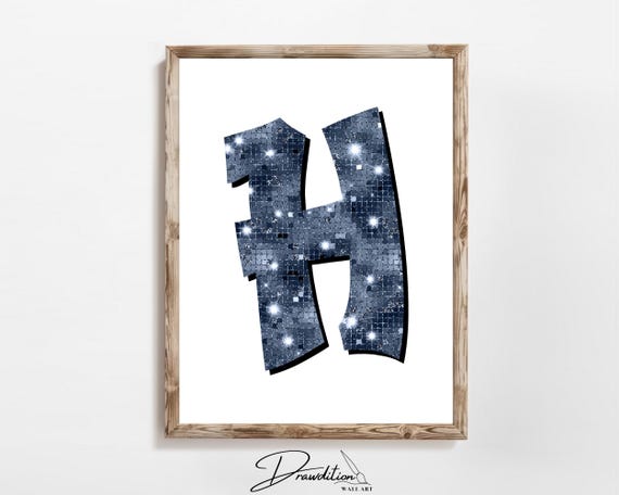 Disco Navy Blue Letter H Print Navy Trendy Personalized Monogram Wall Art Disco Cowgirl Dorm Decor Preppy Poster Teen Room