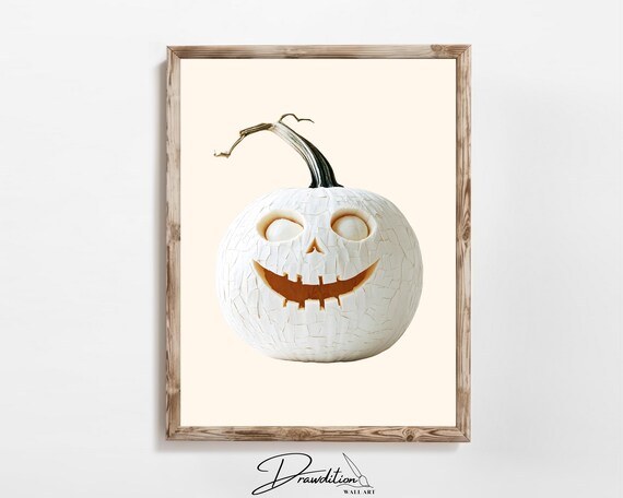 White Carved Jack O Lantern Pumpkin Happy Face Minimal Fall Wall Art