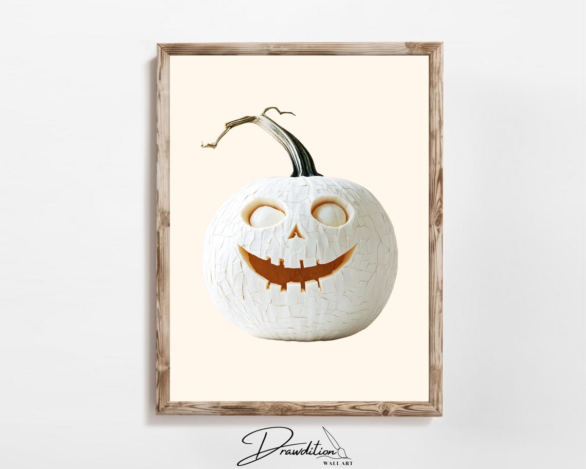 White Carved Jack O Lantern Pumpkin Happy Face Minimal Fall Wall Art
