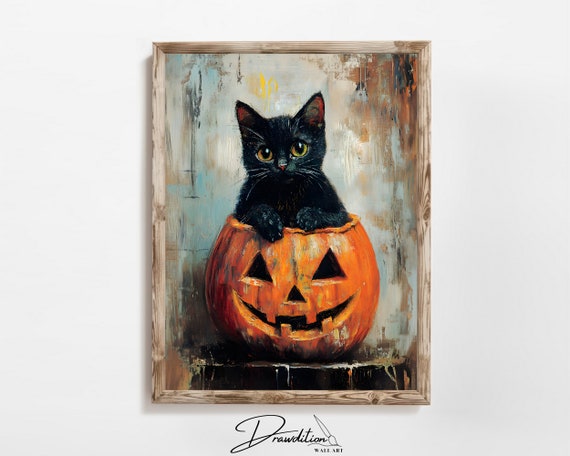 Cute Black Cat In Pumpkin Wall Art Halloween Black Cat Decor Black Cat With Halloween Pumpkin Artwork Carved Pumpkin Print