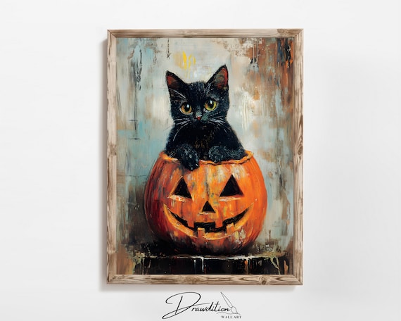 Cute Black Cat Sitting In Jack O Lantern Halloween Vintage Painting Wall Art