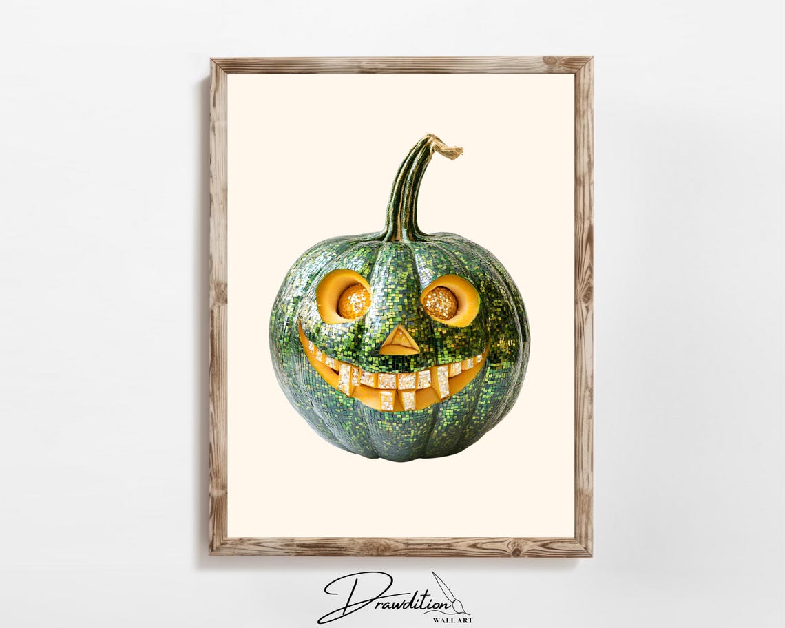 Green Mosaic Jack O Lantern Smiling Face Halloween Decor Poster
