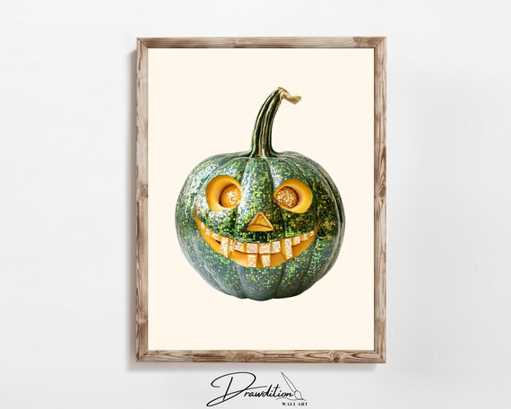 Green Mosaic Jack O Lantern Smiling Face Halloween Decor Poster