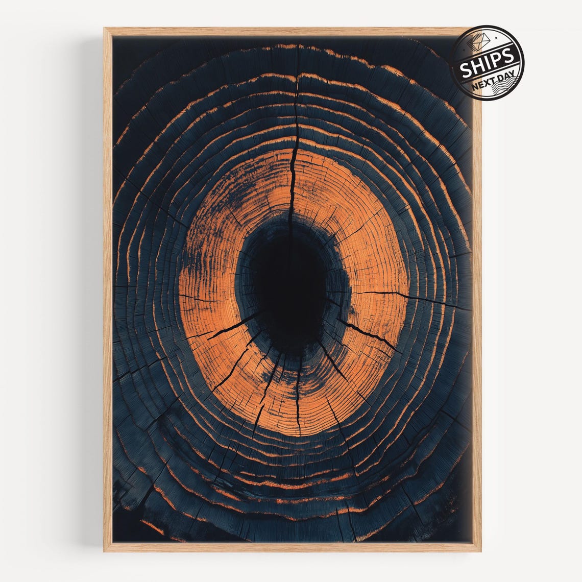 Tree Ring Abstract Wall Art Copper Navy Blue Wood Cross Section