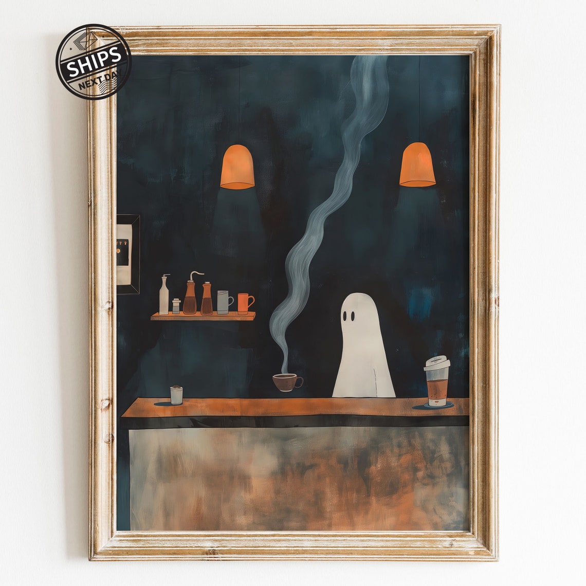 Cute Ghost Cozy Coffee Shop Dark Academia Halloween Art Poster
