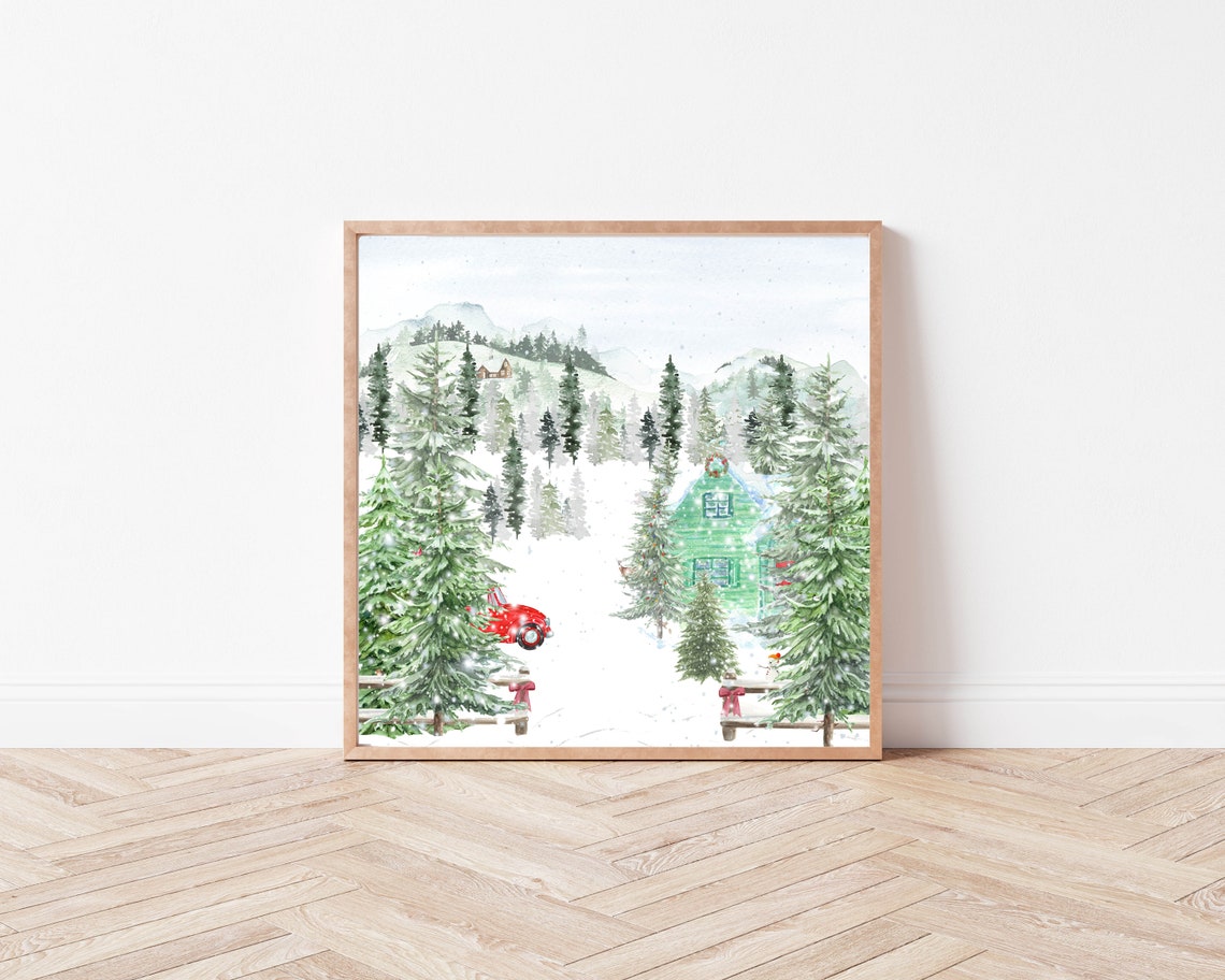Winter Woodland Square 4x4 Up To 20x20 Home For Christmas Wall Art Holiday Decor Watercolor Country Sign Diy Seasonal Decor - Image 2