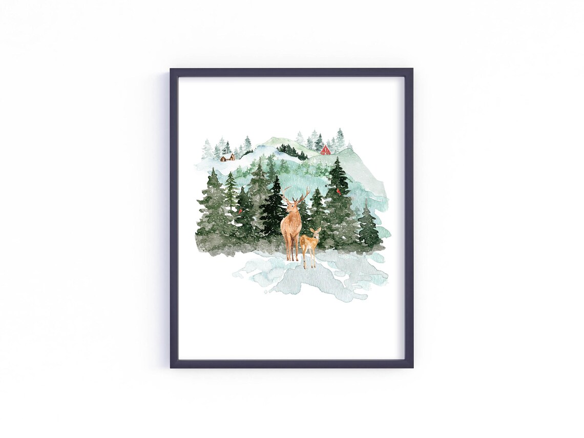 Winter Deer Buck And Doe Snowy Mountain Forest Watercolor Wildlife Poster - Image 2