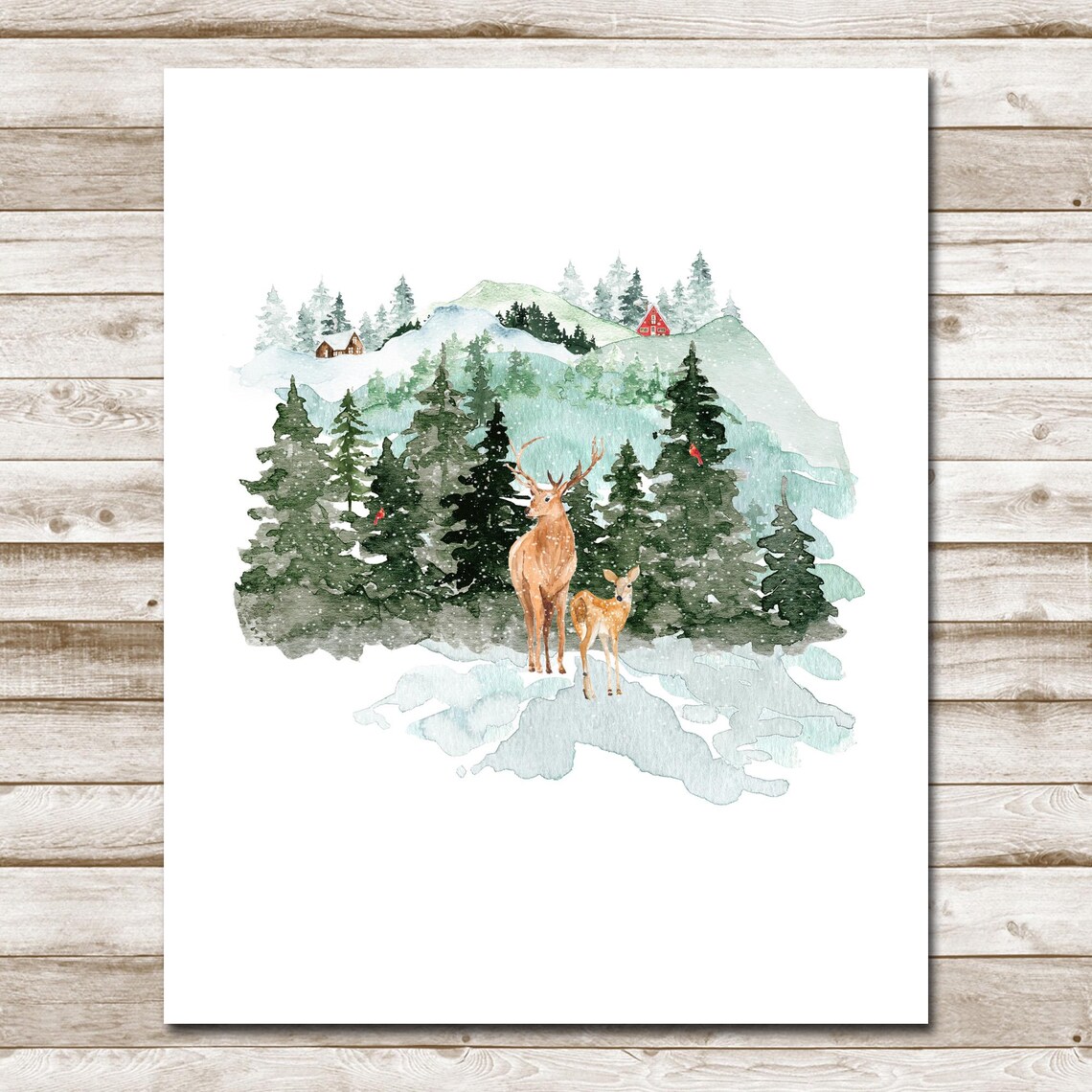 Winter Deer Buck And Doe Snowy Mountain Forest Watercolor Wildlife Poster - Image 4