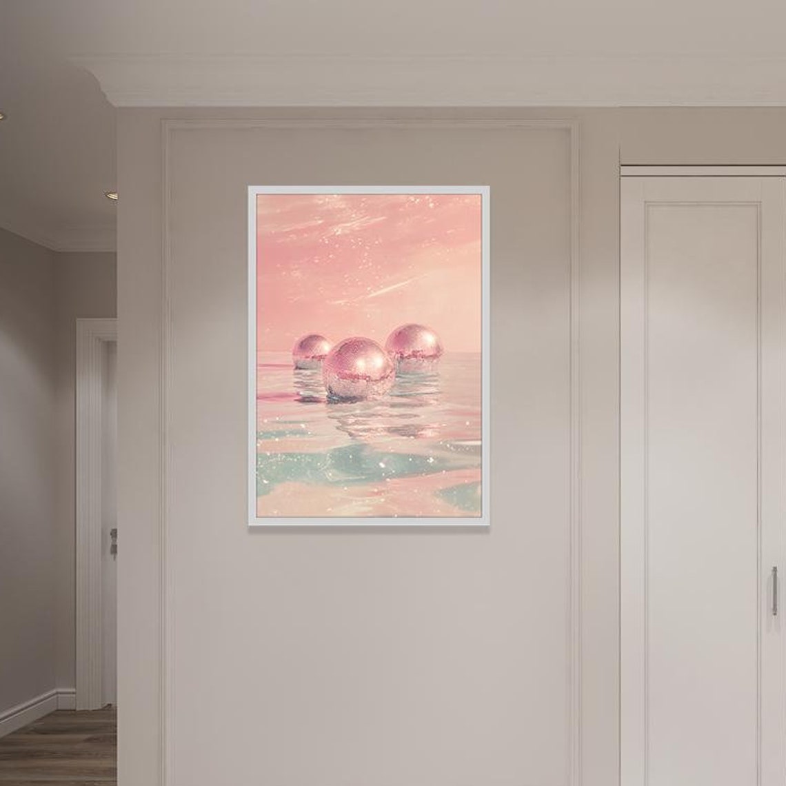 Dreamy Pink Disco Balls Floating on a Calm Sparkling Ocean Poster - Image 4