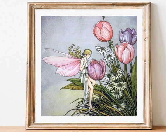 Ida Rentoul Outhwaite Tulip Fairy Pink Wings Vintage Nursery Print