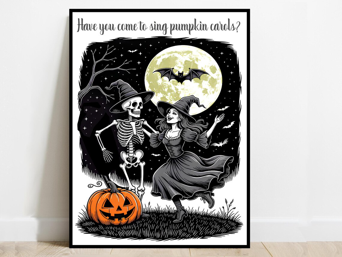 Pumpkin Carols Halloween Poster Dancing Skeleton Witch Moon Vintage Fun Decor