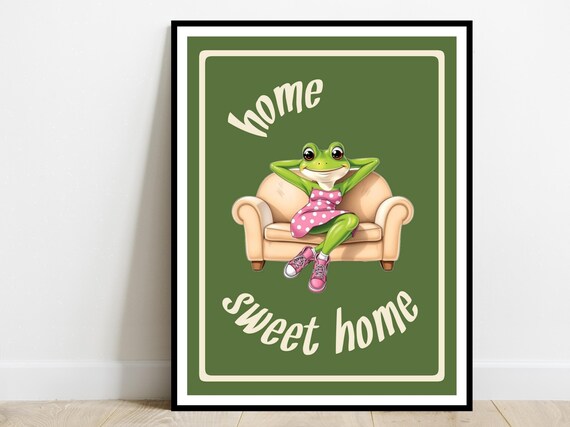 Home Sweet Home Frog Lounge Cartoon Green Kitchen Retro Poster