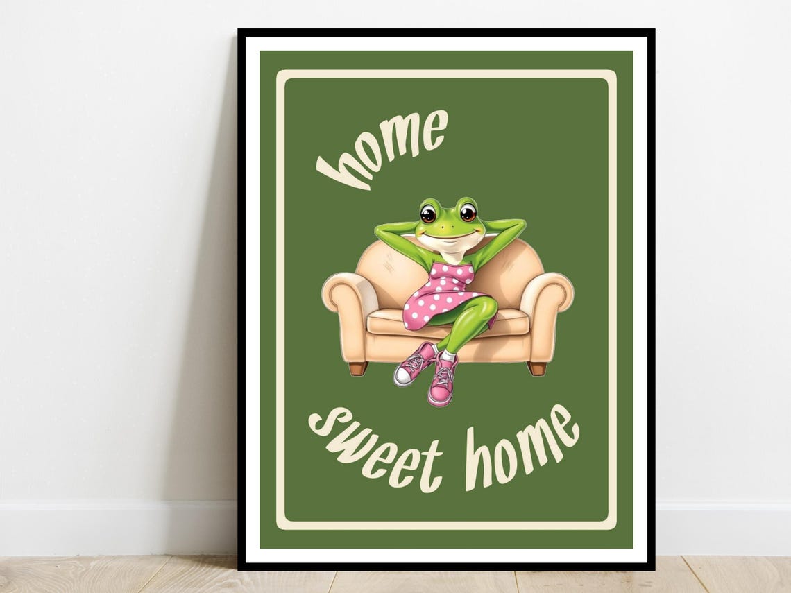 Home Sweet Home Frog Lounge Cartoon Green Kitchen Retro Poster