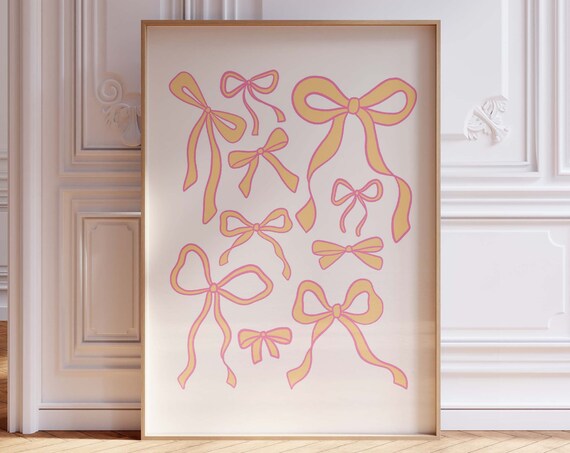 Hand Drawn Yellow Pink Ribbon Bow Pattern Coquette Room Poster