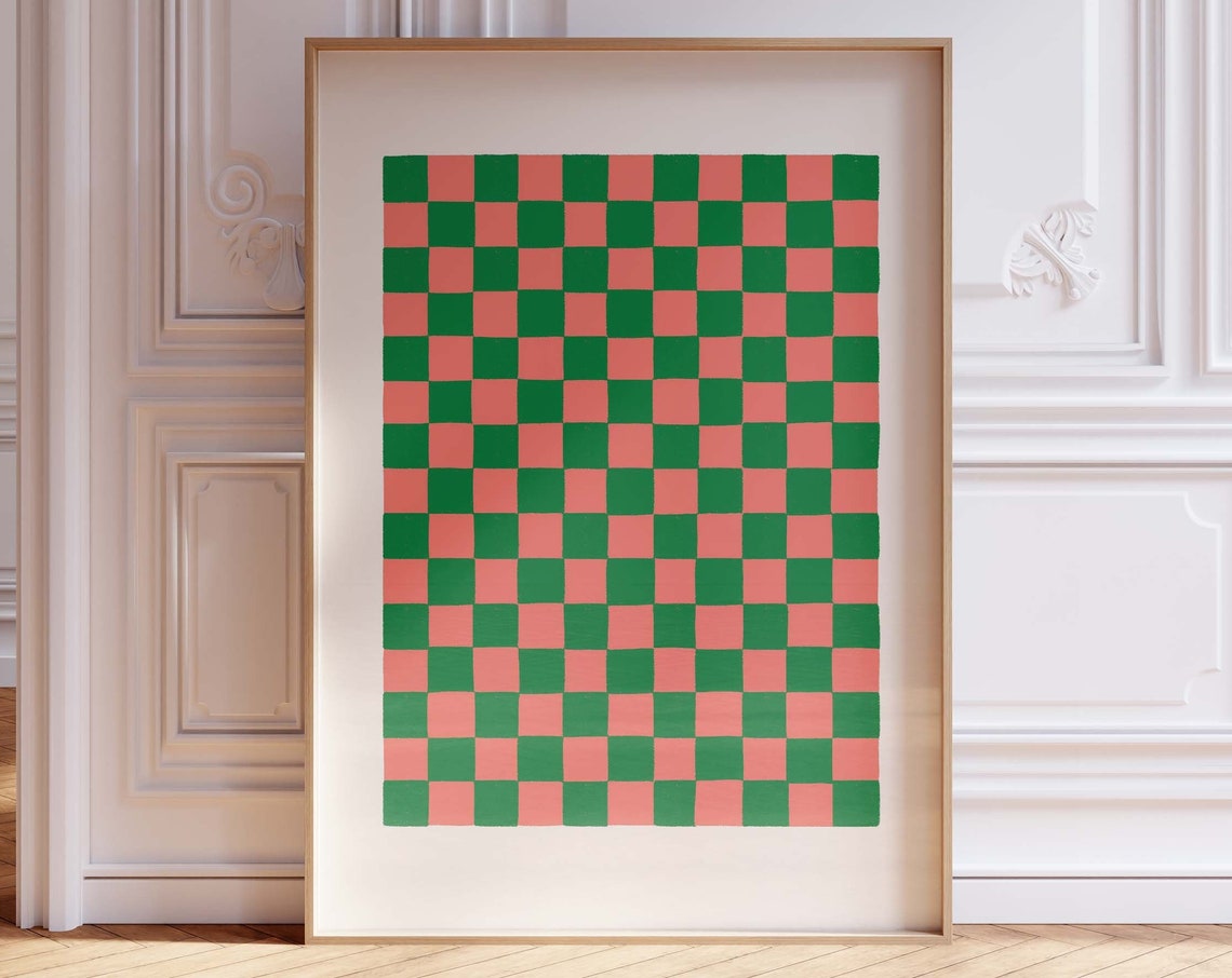 Pink And Green Checkerboard Pattern Colorful Retro Spring Poster