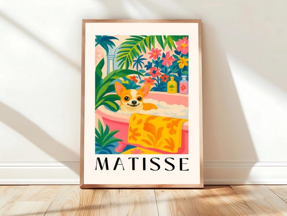 Chihuahua In Bathtub Print Dopamine Decor Dog Art Funny Bathroom Tropical Matisse Wall Maximalist