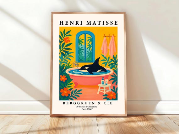 Orca In Bathtub Art Print Pink Tropical Henri Matisse Animal Poster Whale Bathroom Decor