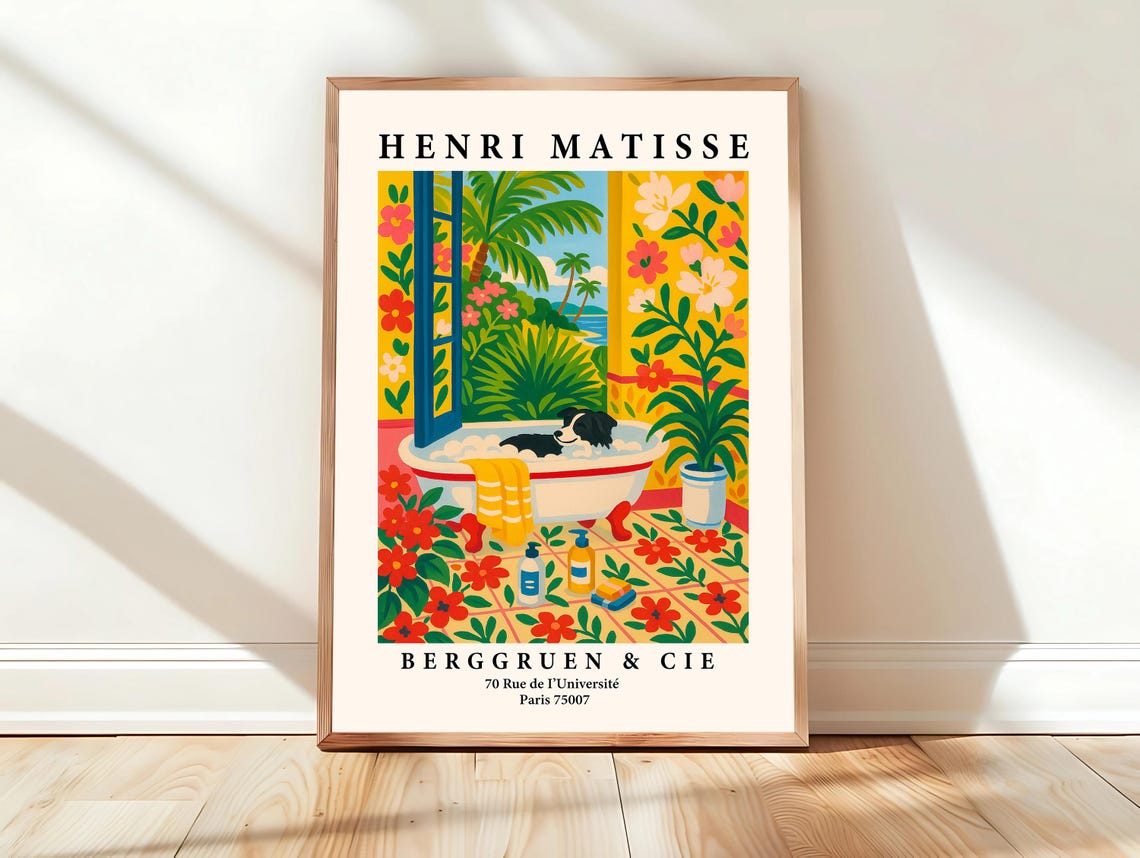 Border Collie Print Funny Bathroom Wall Art Poster Pink Matisse Boho