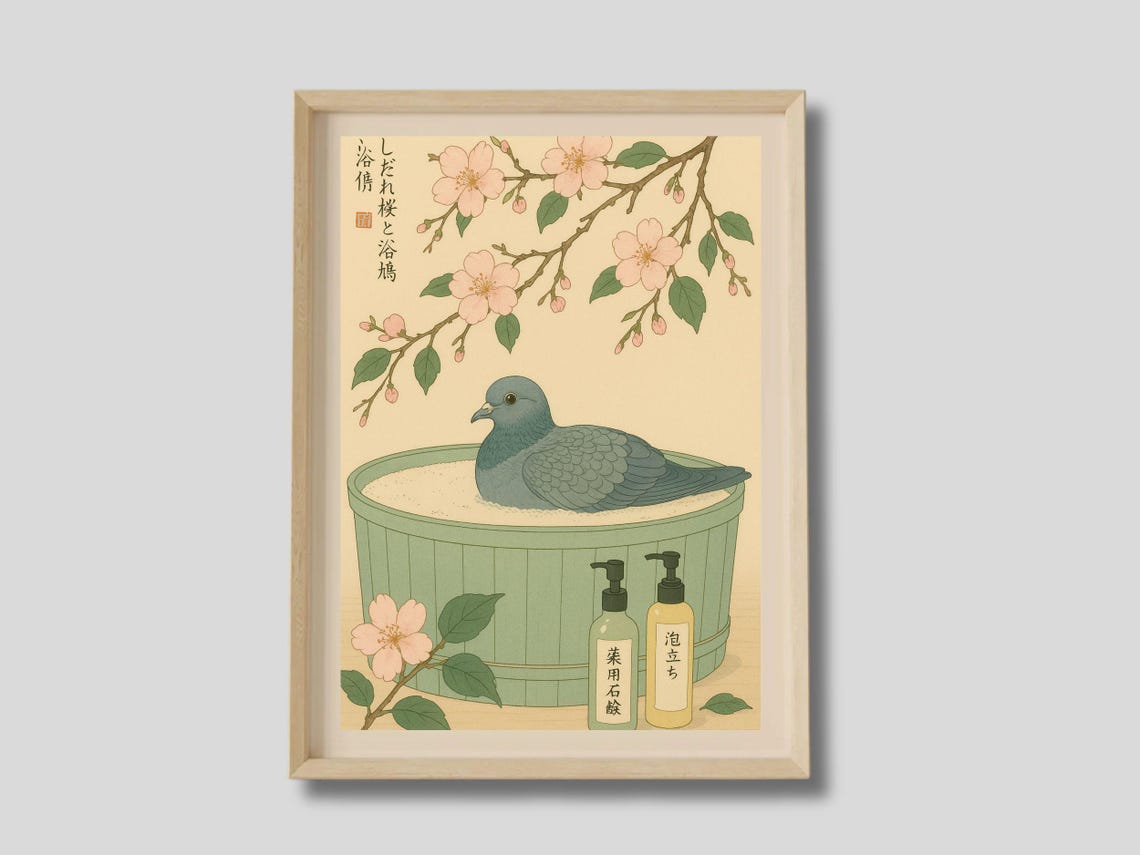 Pigeon Bathing Japanese Ukiyoe Style Cherry Blossom Bath Poster