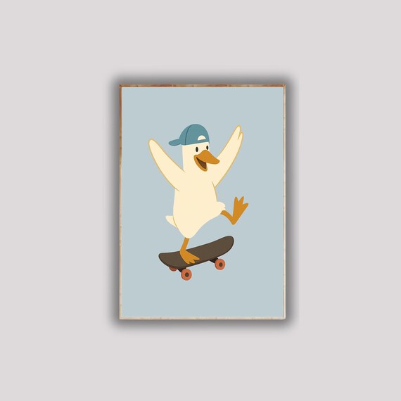 Silly Goose On Skateboard Poster Funny Duck Wall Art Quirky Bird Print Whimsical Animal Decor For Skate Lovers