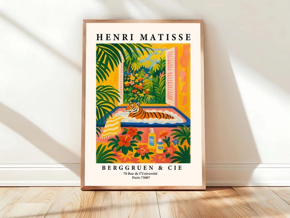 Tiger In Bathtub Funny Poster Dopamine Decor Matisse Print Tropical Bathroom Wall Art Pink Beachy