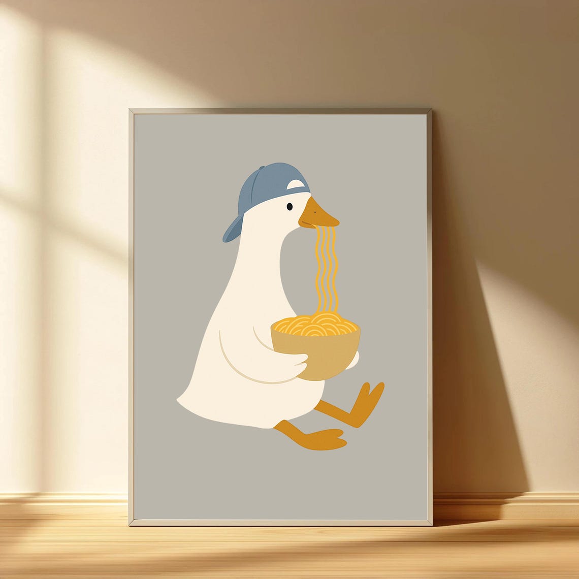 Funny Goose Eating Noodles from Bowl Blue Cap Cartoon Art Print