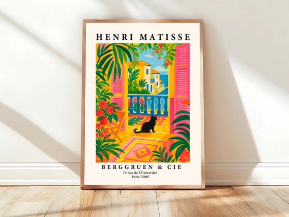 Black Cat Matisse Print Beachy Decor Pink Dopamine Art Mid Century Modern Poster Maximalist