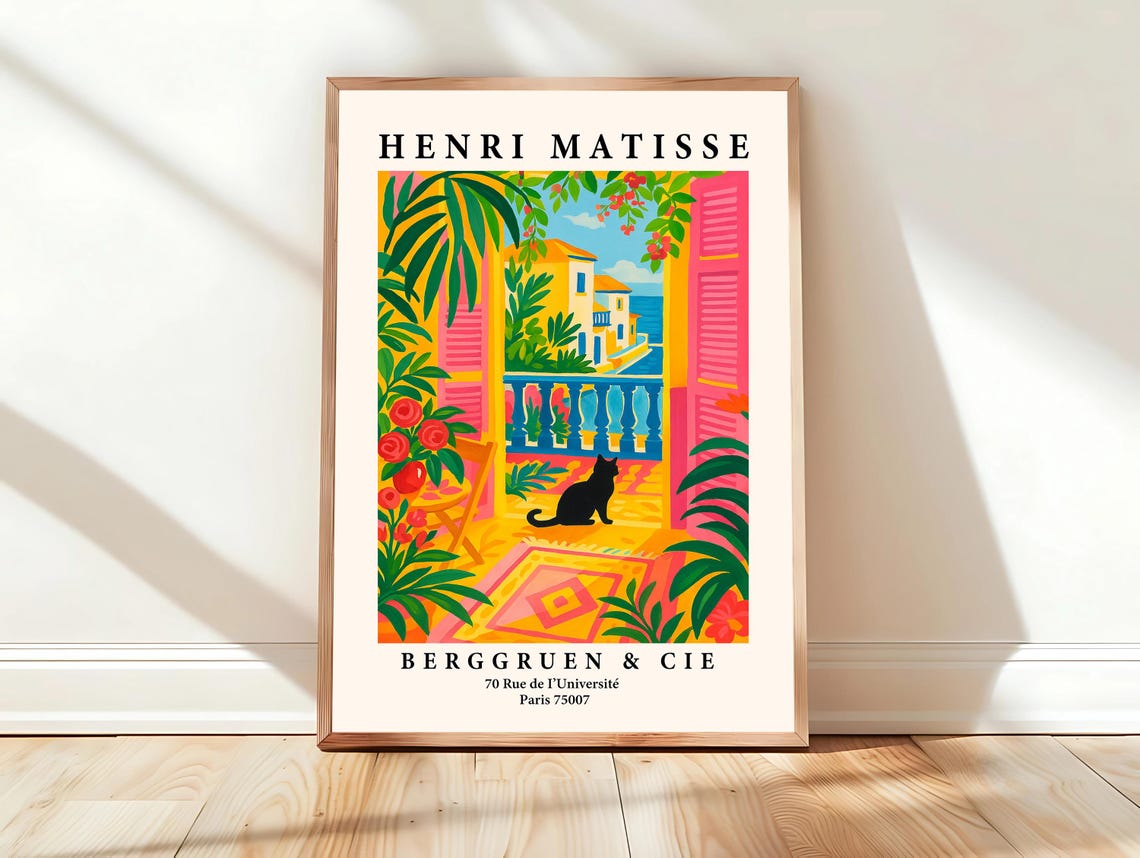 Black Cat on Seaside Balcony Coastal Town Matisse Style Poster