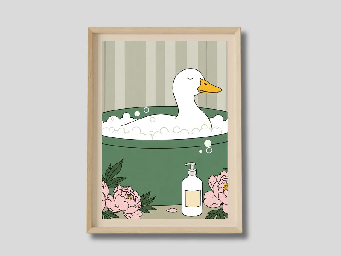 White Duck Bubble Bath With Pink Peonies Japanese Art Poster