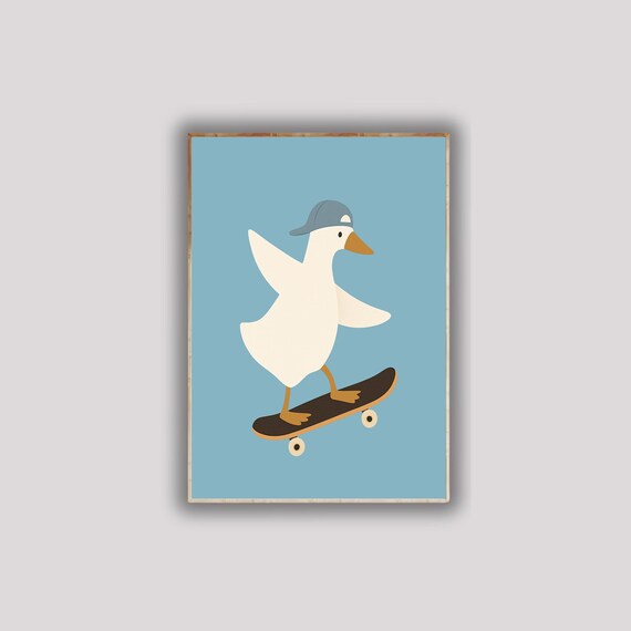 Silly Goose On Skateboard Poster Funny Duck Riding Print Whimsical Animal Wall Art Hilarious Decor For Bird Lovers