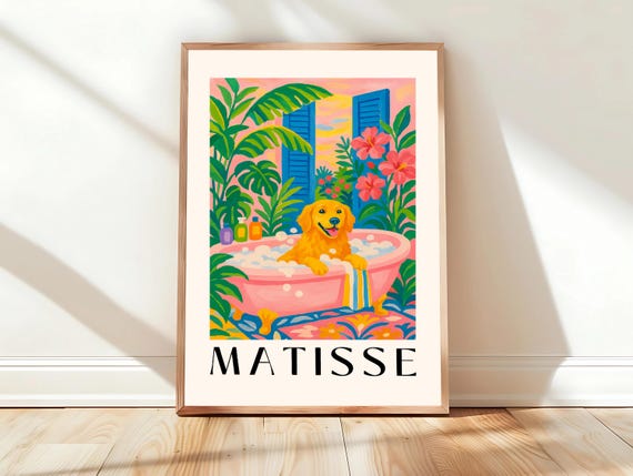 Golden Retriever In Bathtub Funny Bathroom Wall Art For Dog Lovers Print Matisse Pink Dopamine Decor