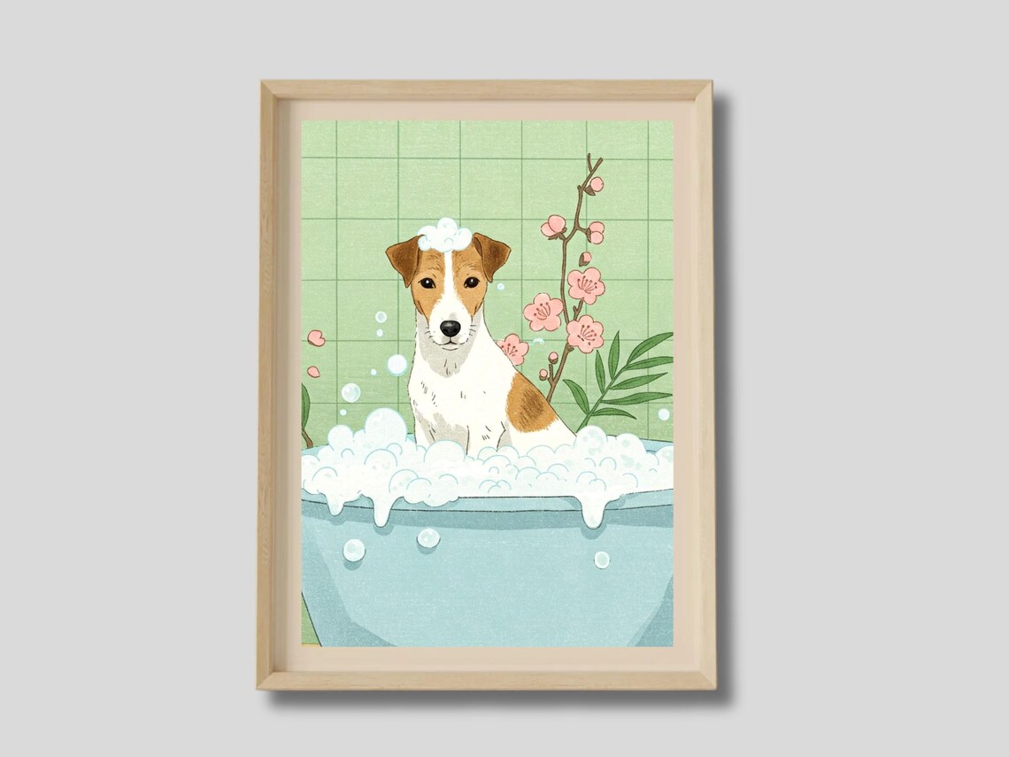 Jack Russell Terrier In Bathtub Bath Decor Japanese Art Funny Bathroom Print Dog Neutral Relaxing