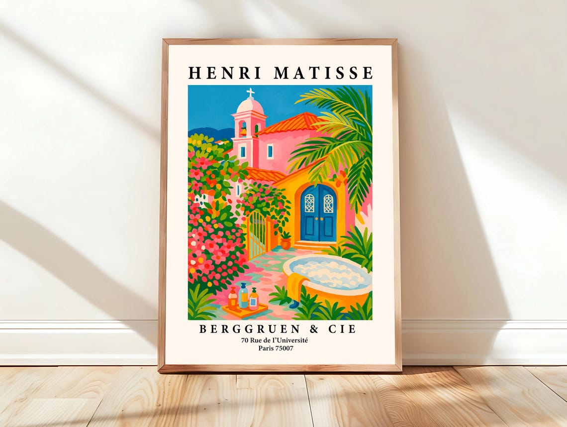 Matisse Style Pink Church Courtyard Bubble Bath Floral Poster