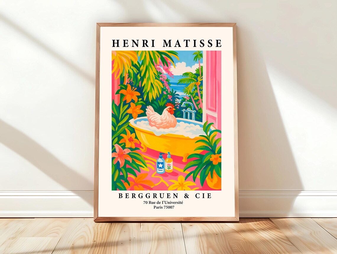 Henri Matisse Rooster in Bubble Bath Pink Tropical Farmhouse Art Poster
