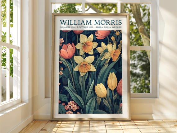 William Morris Style Daffodil And Tulip Vintage Floral Art Print