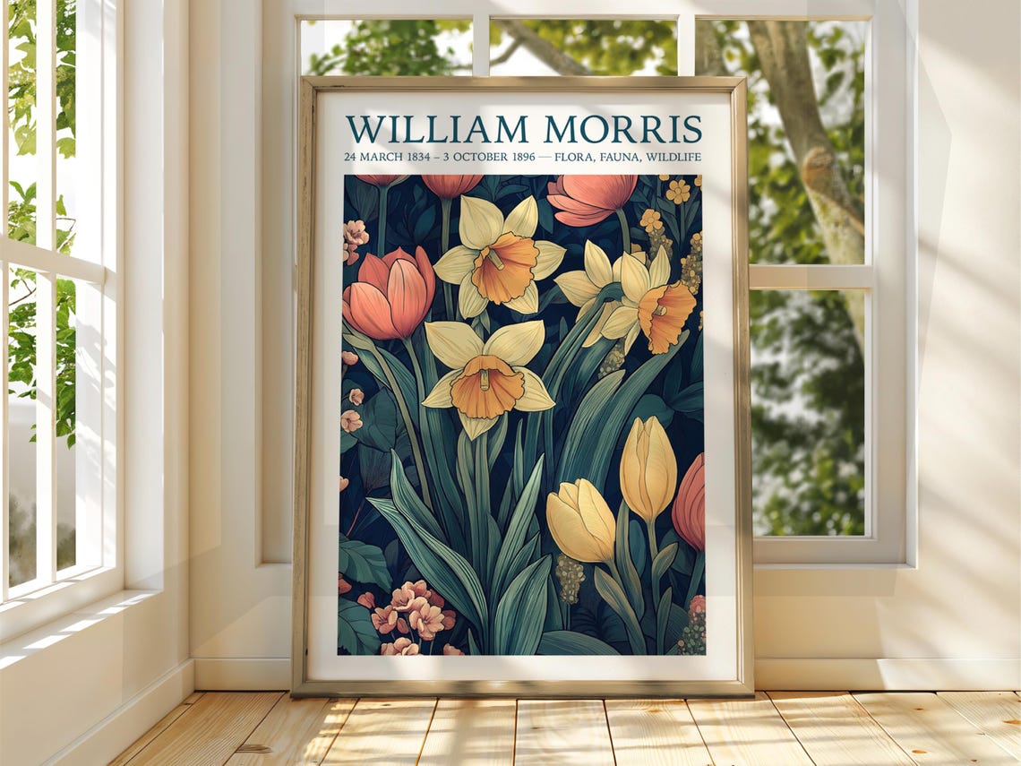 William Morris Style Daffodil And Tulip Vintage Floral Art Print