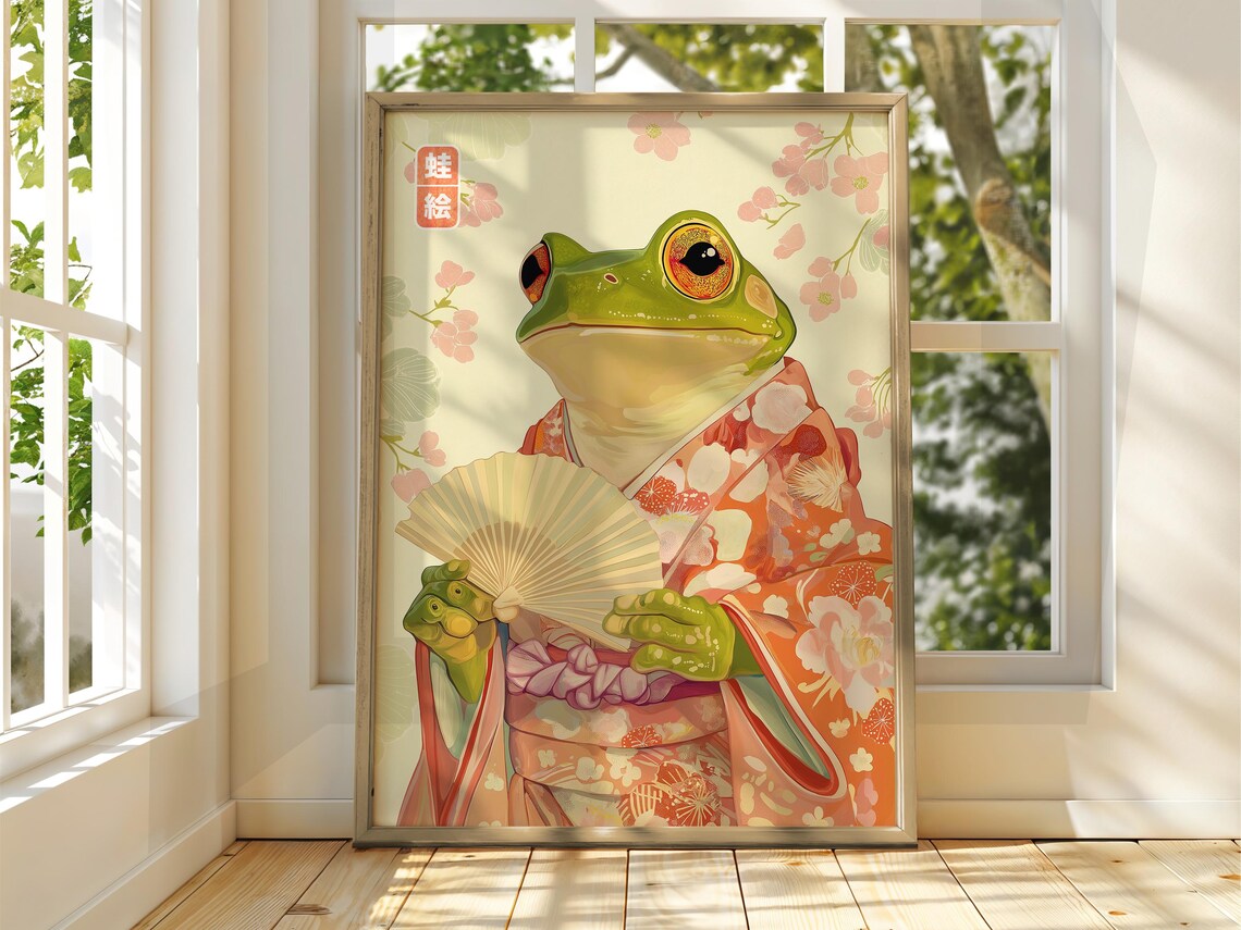 Japanese Frog in Floral Kimono Holding a Fan Vintage Art Poster