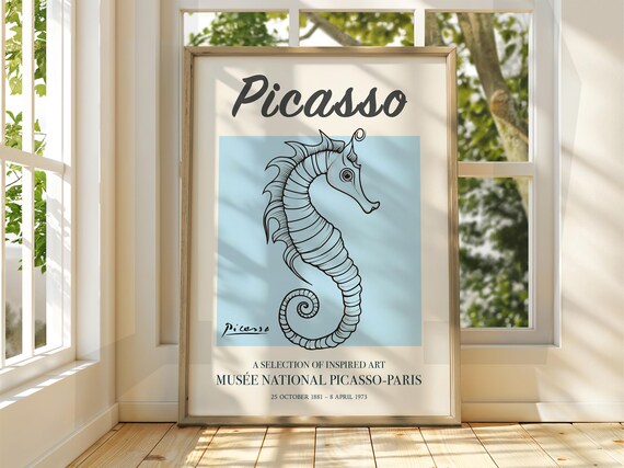Picasso Line Art Seahorse On Light Blue Paris Museum Style Ocean Poster
