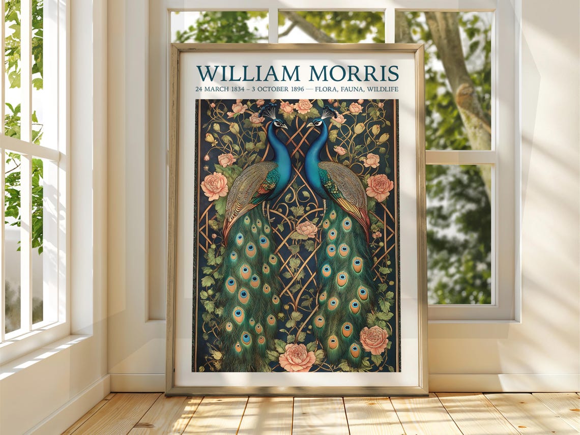 William Morris Twin Peacocks Floral Exhibition Botanical Poster
