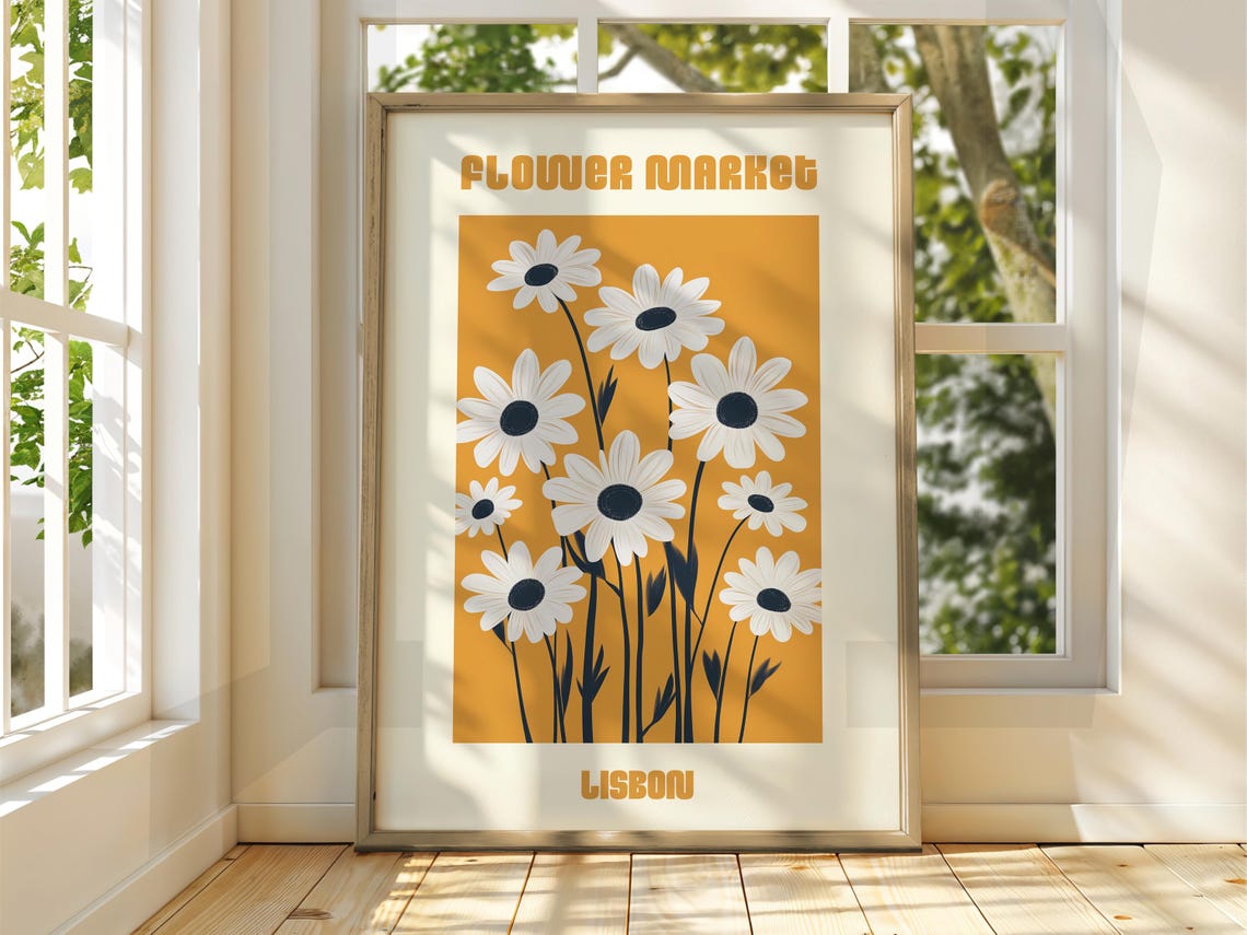 Lisbon Flower Market Daisy Retro Mustard Yellow Art Decorative Poster