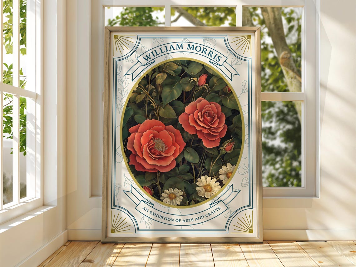 William Morris Style Red Roses Garden Exhibition Arts Crafts Poster