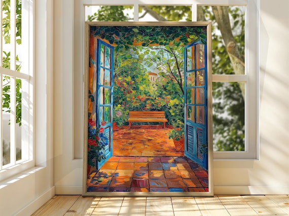 Floral Patio Garden View Colorful Impressionist Style Poster