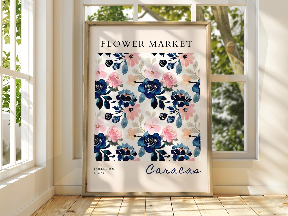 Flower Market Caracas Navy Pink Rose Watercolor Exhibition Poster