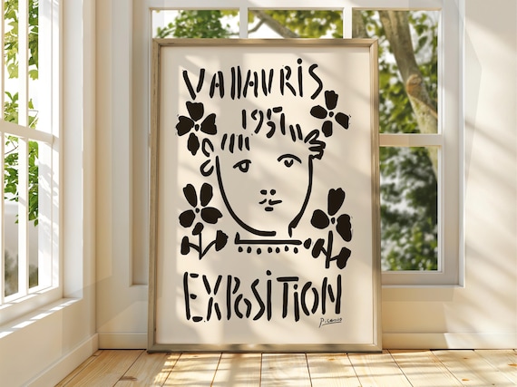 Vallauris 1951 Picasso Exhibition Line Face Flowers Black Ink Poster