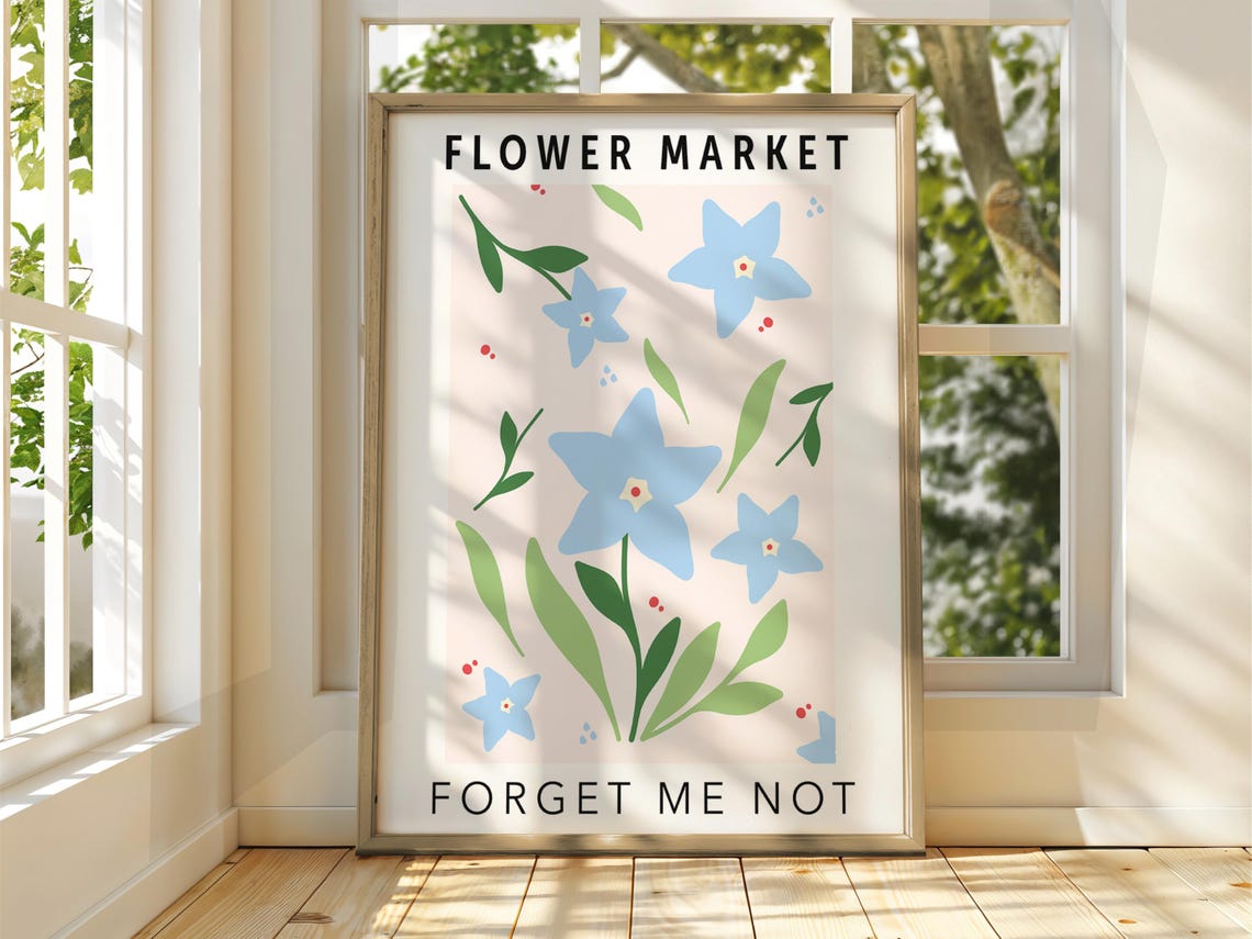Flower Market Forget Me Not Blue Floral Minimalist Botanical Poster