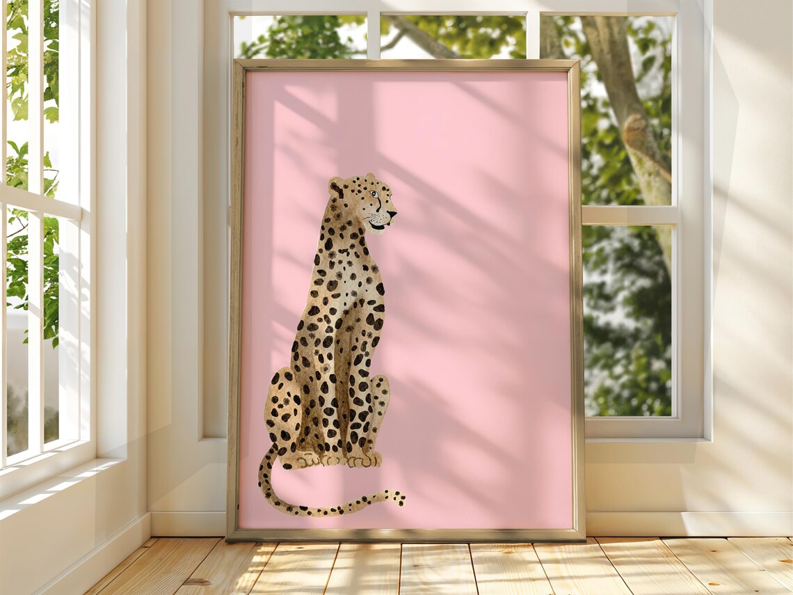 Pink Cheetah Poster Wall Art Animal Illustration Tiger Bright Home Decor Print